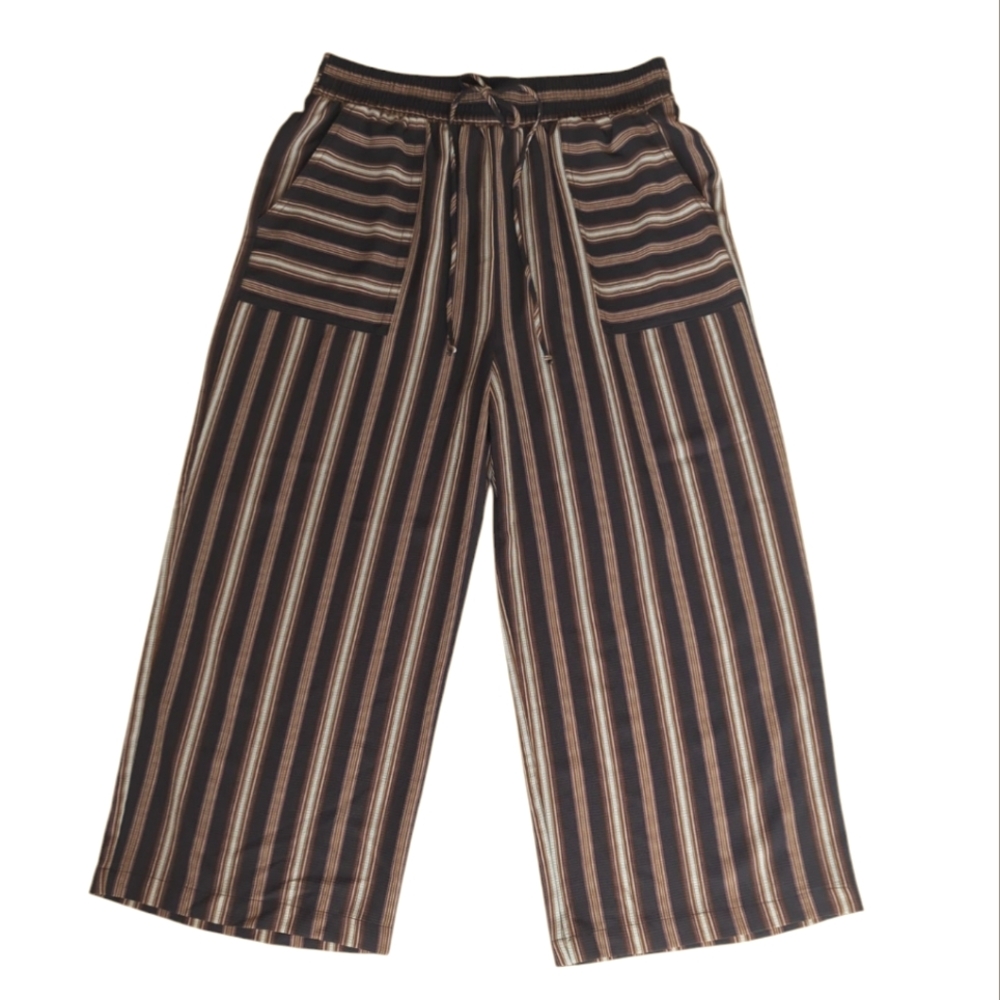 Xhilaration Striped High-Waisted Wide Leg Cropped Mom Pants MEDIUM Brown Cream